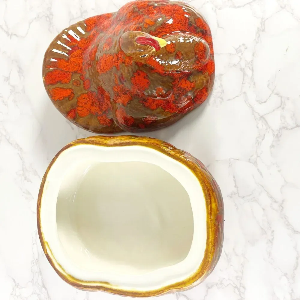 Vintage 1970s Ceramic Turkey Tureen with Lid Drip Glaze Fall Casserole Dish